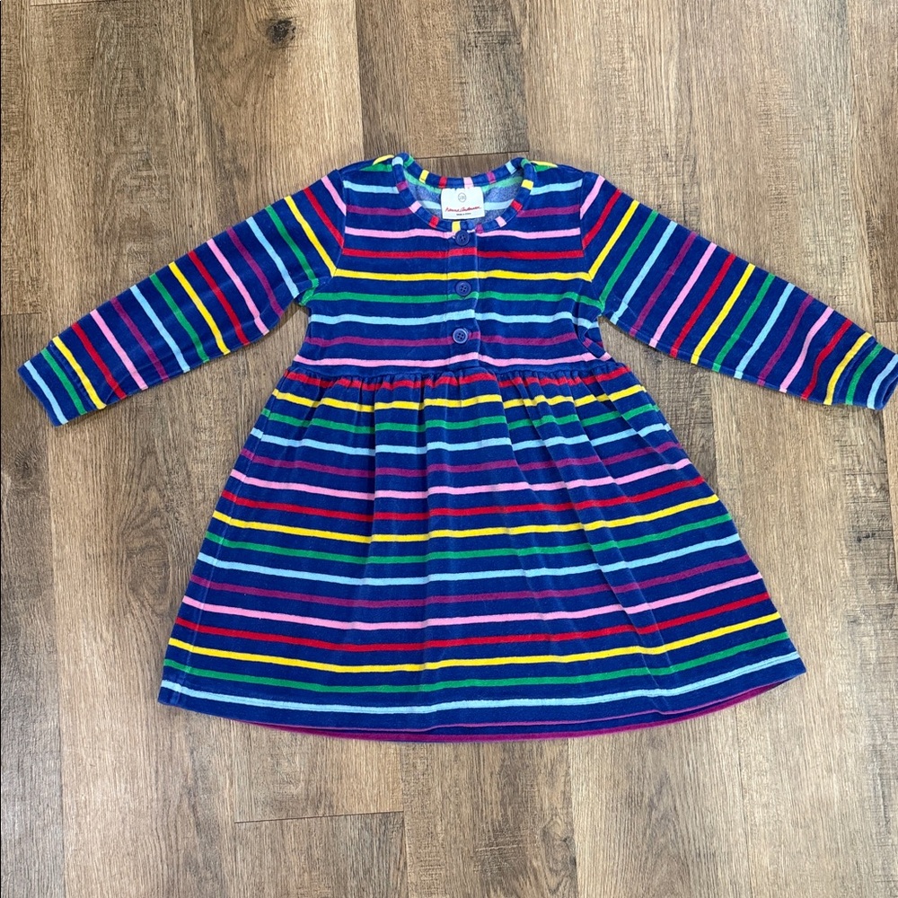 Hanna Andersson,Girls' Long Sleeve Navy Rainbow Stripe Velvet Dress